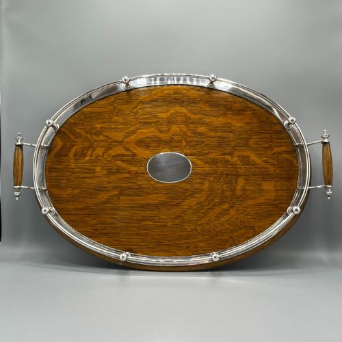 LARGE EDWARDIAN ENGLISH OAK SILVER PLATED OVAL GALLERY TRAY - ADDITIONAL PHOTO 2