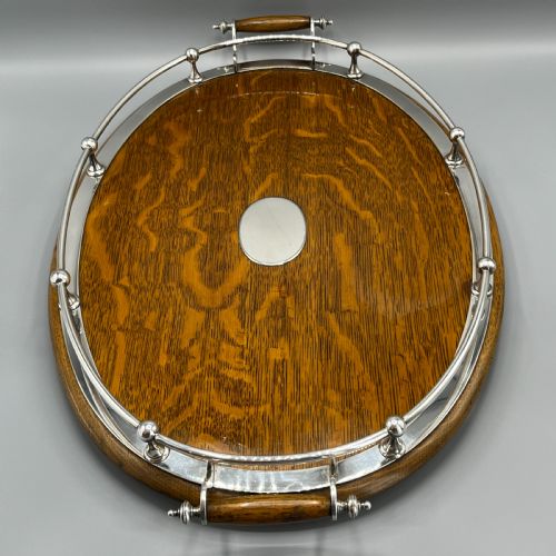 LARGE EDWARDIAN ENGLISH OAK SILVER PLATED OVAL GALLERY TRAY - ADDITIONAL PHOTO 3