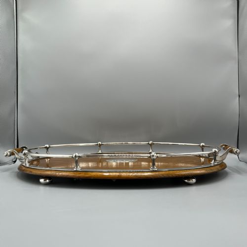 LARGE EDWARDIAN ENGLISH OAK SILVER PLATED OVAL GALLERY TRAY - ADDITIONAL PHOTO 4