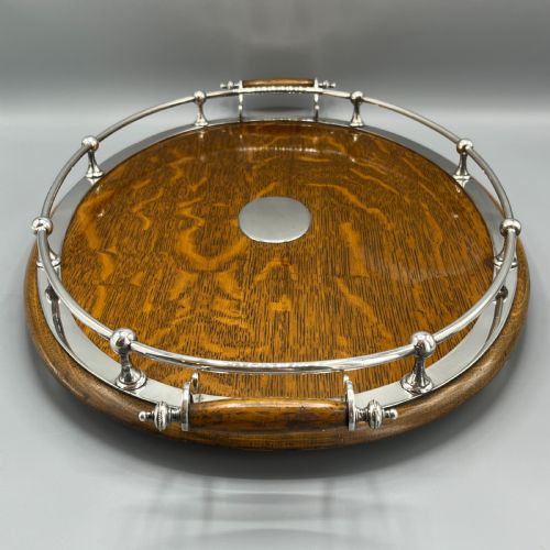 LARGE EDWARDIAN ENGLISH OAK SILVER PLATED OVAL GALLERY TRAY - ADDITIONAL PHOTO 5