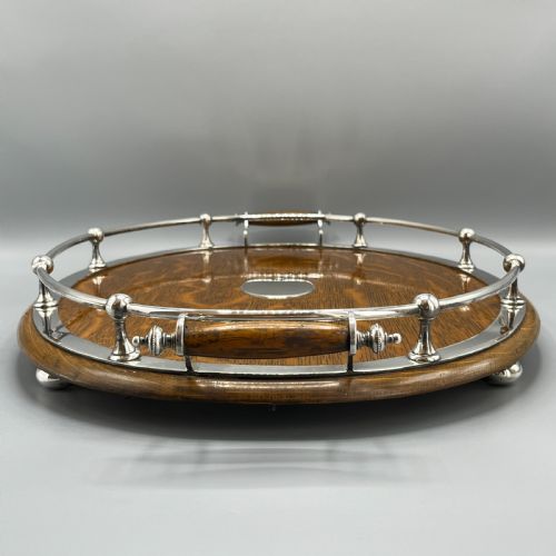 LARGE EDWARDIAN ENGLISH OAK SILVER PLATED OVAL GALLERY TRAY - ADDITIONAL PHOTO 6