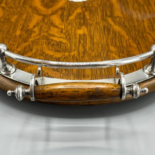 LARGE EDWARDIAN ENGLISH OAK SILVER PLATED OVAL GALLERY TRAY - ADDITIONAL PHOTO 9