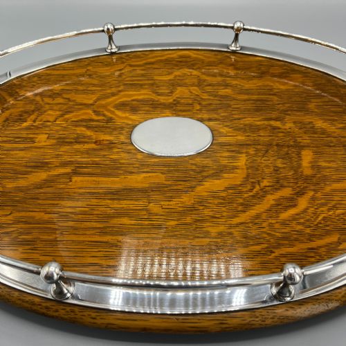 LARGE EDWARDIAN ENGLISH OAK SILVER PLATED OVAL GALLERY TRAY - ADDITIONAL PHOTO 10