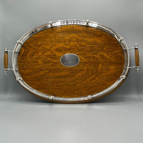 LARGE EDWARDIAN ENGLISH OAK SILVER PLATED OVAL GALLERY TRAY - ADDITIONAL PHOTO 12