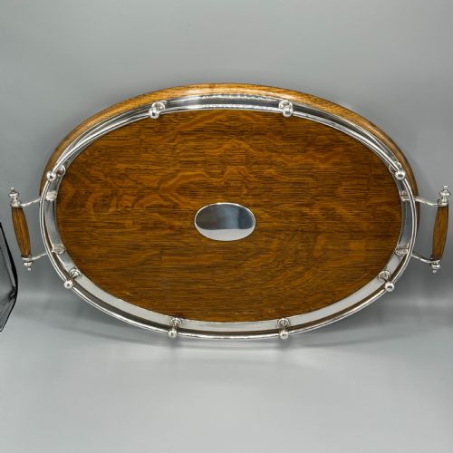 LARGE EDWARDIAN ENGLISH OAK SILVER PLATED OVAL GALLERY TRAY - ADDITIONAL PHOTO 13