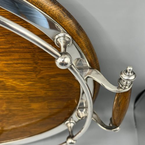 LARGE EDWARDIAN ENGLISH OAK SILVER PLATED OVAL GALLERY TRAY - ADDITIONAL PHOTO 14
