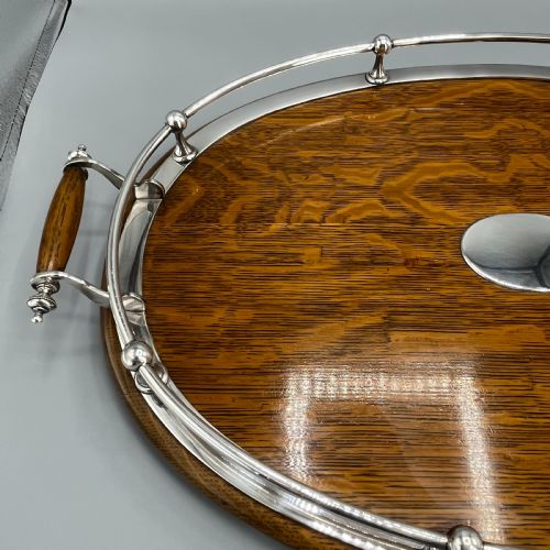 LARGE EDWARDIAN ENGLISH OAK SILVER PLATED OVAL GALLERY TRAY - ADDITIONAL PHOTO 18