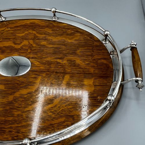 LARGE EDWARDIAN ENGLISH OAK SILVER PLATED OVAL GALLERY TRAY - ADDITIONAL PHOTO 19