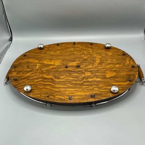 LARGE EDWARDIAN ENGLISH OAK SILVER PLATED OVAL GALLERY TRAY - ADDITIONAL PHOTO 21