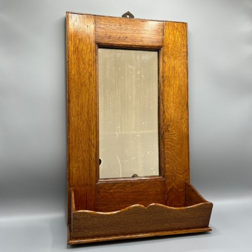 arts crafts solid oak hall wall mirror with candle box - CATEGORY: ANTIQUE MIRRORS - DATED 1900