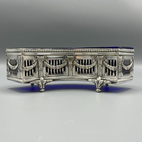 wmf german silver plated small curved planter trough with original blue glass liner - CATEGORY: ANTIQUE SILVER - DATED EDWARDIAN