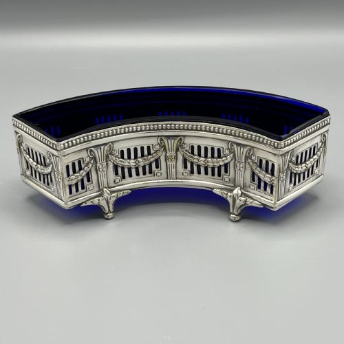 WMF GERMAN SILVER PLATED SMALL CURVED PLANTER TROUGH WITH ORIGINAL BLUE GLASS LINER - ADDITIONAL PHOTO 1