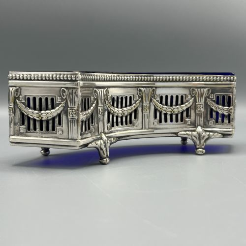 WMF GERMAN SILVER PLATED SMALL CURVED PLANTER TROUGH WITH ORIGINAL BLUE GLASS LINER - ADDITIONAL PHOTO 2