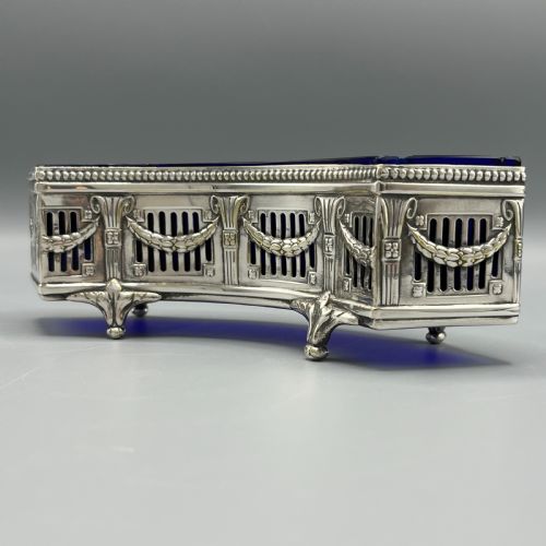 WMF GERMAN SILVER PLATED SMALL CURVED PLANTER TROUGH WITH ORIGINAL BLUE GLASS LINER - ADDITIONAL PHOTO 3