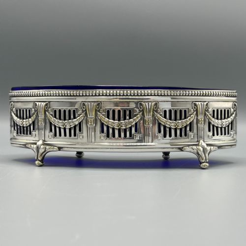 WMF GERMAN SILVER PLATED SMALL CURVED PLANTER TROUGH WITH ORIGINAL BLUE GLASS LINER - ADDITIONAL PHOTO 4