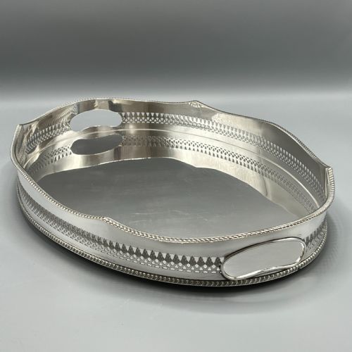 EDWARDIAN SILVER PLATED OVAL GALLERY SERVING TRAY - ADDITIONAL PHOTO 12