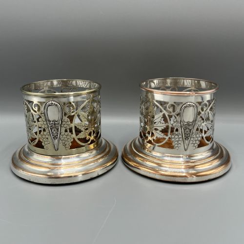 fig 1. Pair Art Nouveau Silver Plated Wine Coasters Bottle Holders Syphon Stands