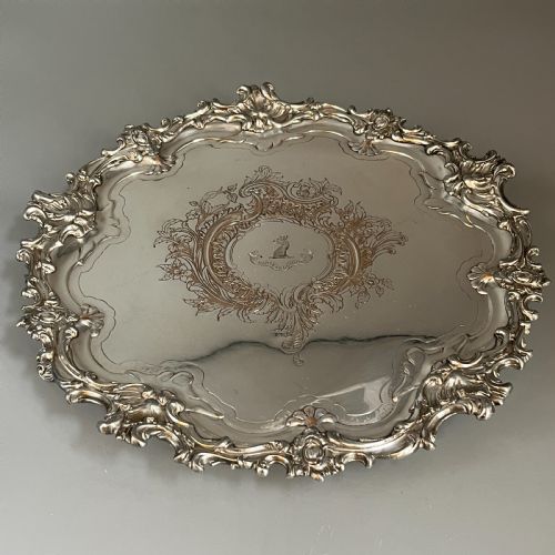 SHEFFIELD PLATED FOOTED SALVER TRAY WITH BYERS FAMILY CREST C1830 - ADDITIONAL PHOTO 7