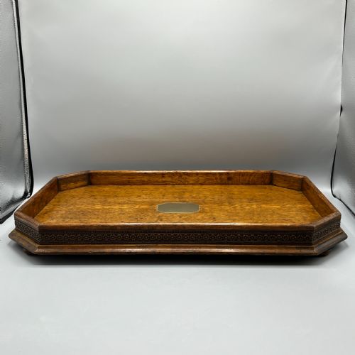 LARGE OAK GALLERY FOOTED COCKTAIL DRINKS TRAY - ADDITIONAL PHOTO 1