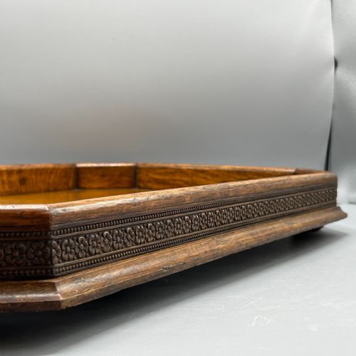 LARGE OAK GALLERY FOOTED COCKTAIL DRINKS TRAY - ADDITIONAL PHOTO 5