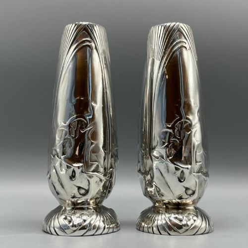 pair christofle art nouveau silver plated holly vases - CATEGORY: ANTIQUE SILVER - DATED 1900