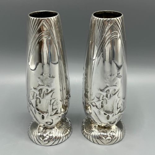 PAIR CHRISTOFLE ART NOUVEAU SILVER PLATED HOLLY VASES - ADDITIONAL PHOTO 2