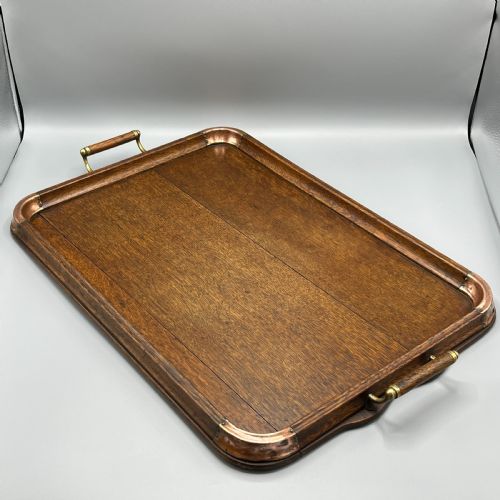 large arts crafts oak copper gallery serving tray - CATEGORY: ANTIQUE MISCELLANEOUS - DATED 1900
