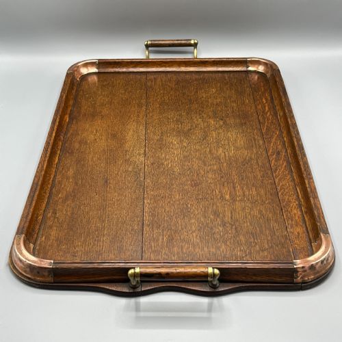 LARGE ARTS CRAFTS OAK COPPER GALLERY SERVING TRAY - ADDITIONAL PHOTO 1