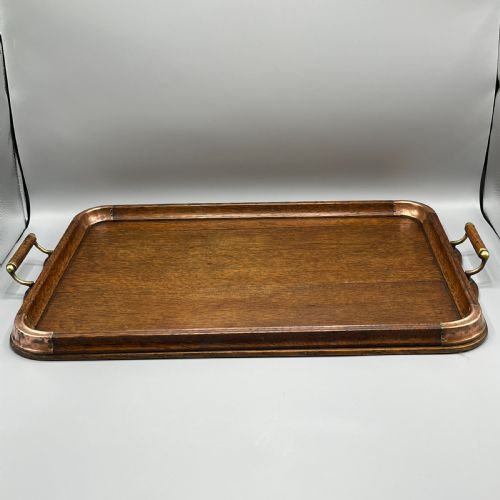 LARGE ARTS CRAFTS OAK COPPER GALLERY SERVING TRAY - ADDITIONAL PHOTO 2