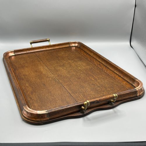 LARGE ARTS CRAFTS OAK COPPER GALLERY SERVING TRAY - ADDITIONAL PHOTO 3