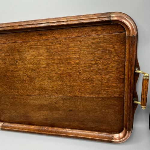 LARGE ARTS CRAFTS OAK COPPER GALLERY SERVING TRAY - ADDITIONAL PHOTO 10