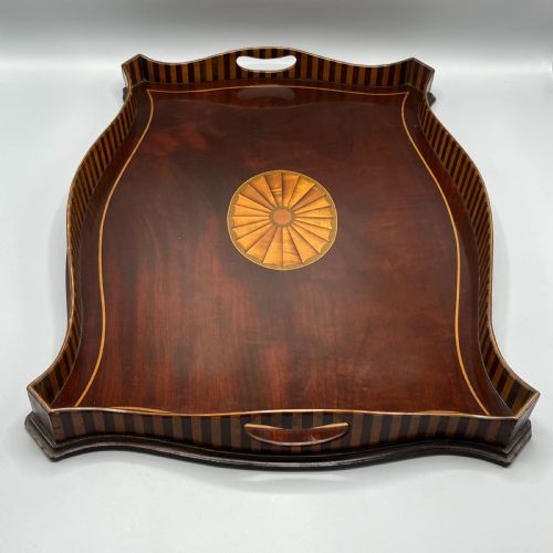 EDWARDIAN MAHOGANY INLAID GALLERY SERVING TRAY - ADDITIONAL PHOTO 1