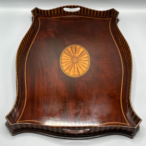 EDWARDIAN MAHOGANY INLAID GALLERY SERVING TRAY - ADDITIONAL PHOTO 2