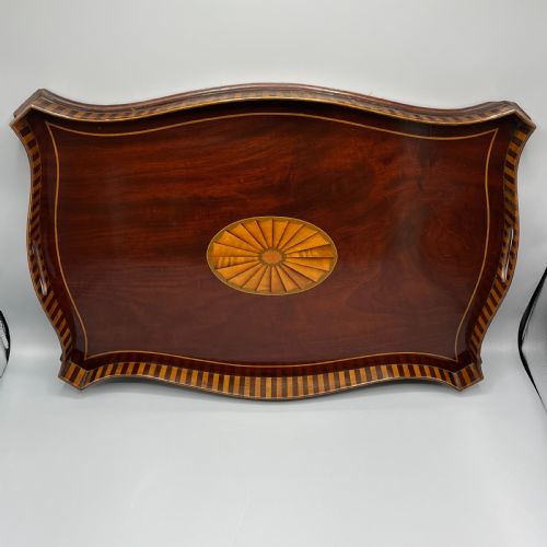 EDWARDIAN MAHOGANY INLAID GALLERY SERVING TRAY - ADDITIONAL PHOTO 11