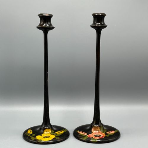 PAIR ART NOUVEAU TALL BLACK PAINTED CANDLESTICKS - ADDITIONAL PHOTO 2