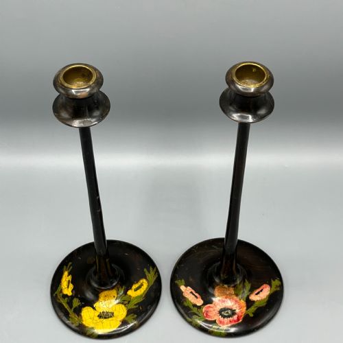 PAIR ART NOUVEAU TALL BLACK PAINTED CANDLESTICKS - ADDITIONAL PHOTO 4