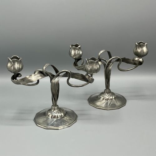 pair art nouveau german pewter candelabras by orivit - CATEGORY: ANTIQUE LIGHTING - DATED 1900