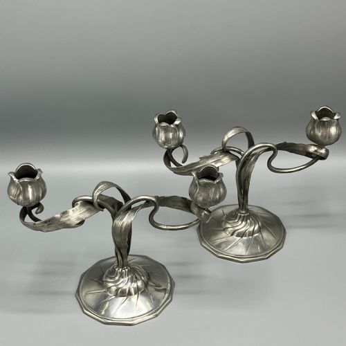 PAIR ART NOUVEAU GERMAN PEWTER CANDELABRAS BY ORIVIT - ADDITIONAL PHOTO 2