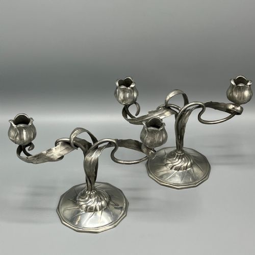 PAIR ART NOUVEAU GERMAN PEWTER CANDELABRAS BY ORIVIT - ADDITIONAL PHOTO 3