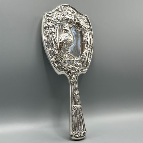 ART NOUVEAU STERLING SILVER HAND MIRROR WITH EMBOSSED BIRDS - ADDITIONAL PHOTO 2