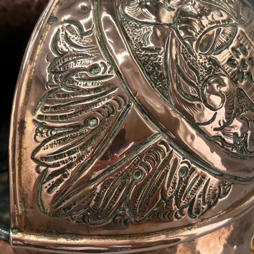 VICTORIAN SOLID COPPER COAL SCUTTLE BUCKET WITH EMBOSSED COAT OF ARMS - ADDITIONAL PHOTO 12