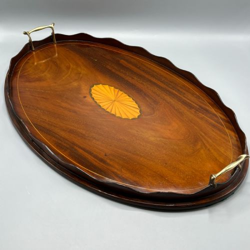 large edwardian mahogany inlaid serving tray with scalloped gallery - CATEGORY: ANTIQUE MISCELLANEOUS - DATED EDWARDIAN