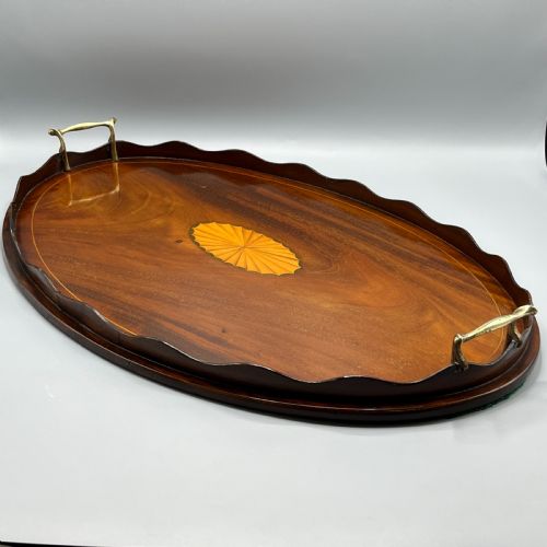 LARGE EDWARDIAN MAHOGANY INLAID SERVING TRAY WITH SCALLOPED GALLERY - ADDITIONAL PHOTO 1