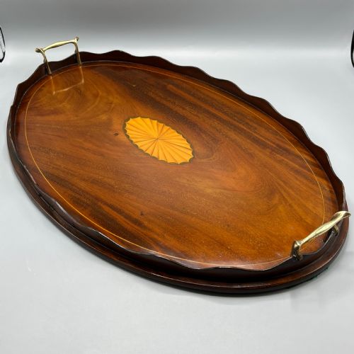 LARGE EDWARDIAN MAHOGANY INLAID SERVING TRAY WITH SCALLOPED GALLERY - ADDITIONAL PHOTO 2