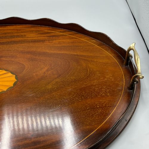 LARGE EDWARDIAN MAHOGANY INLAID SERVING TRAY WITH SCALLOPED GALLERY - ADDITIONAL PHOTO 6