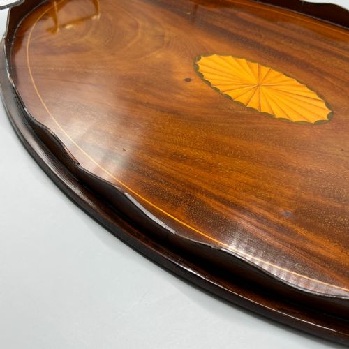 LARGE EDWARDIAN MAHOGANY INLAID SERVING TRAY WITH SCALLOPED GALLERY - ADDITIONAL PHOTO 7