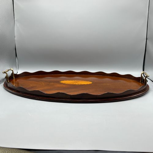 LARGE EDWARDIAN MAHOGANY INLAID SERVING TRAY WITH SCALLOPED GALLERY - ADDITIONAL PHOTO 12
