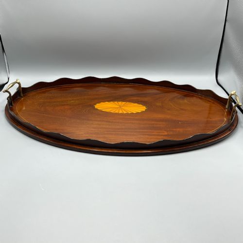 LARGE EDWARDIAN MAHOGANY INLAID SERVING TRAY WITH SCALLOPED GALLERY - ADDITIONAL PHOTO 19