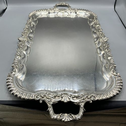 LARGE LONG VICTORIAN SILVER PLATED BUTLER SERVING TRAY - ADDITIONAL PHOTO 2