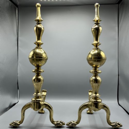 LARGE VICTORIAN BRASS FIRE DOGS WITH LION PAW FEET - ADDITIONAL PHOTO 1